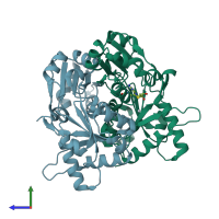 PDB entry 2huq coloured by chain, side view.