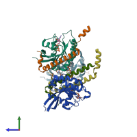 PDB entry 2hv8 coloured by chain, side view.