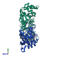 PDB entry 2hvd coloured by chain, side view.