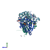 PDB entry 2hvw coloured by chain, side view.