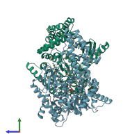 PDB entry 2hwg coloured by chain, side view.