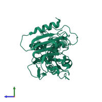 PDB entry 2hwk coloured by chain, side view.