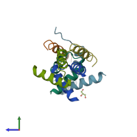 PDB entry 2hwn coloured by chain, side view.