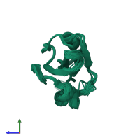 PDB entry 2hwt coloured by chain, ensemble of 31 models, side view.