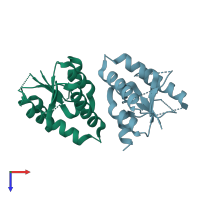 PDB entry 2hwy coloured by chain, top view.