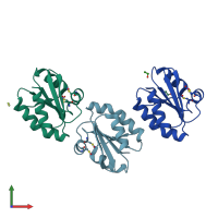 PDB entry 2hxk coloured by chain, front view.