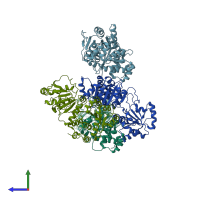 PDB entry 2hxy coloured by chain, side view.