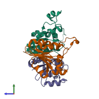 PDB entry 2hy5 coloured by chain, side view.