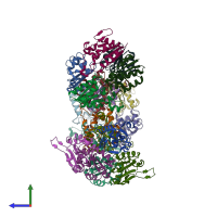 PDB entry 2hyb coloured by chain, side view.