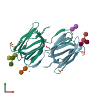 PDB entry 2hyr coloured by chain, front view.
