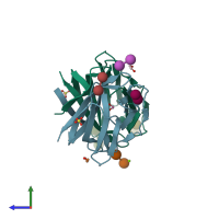 PDB entry 2hyr coloured by chain, side view.