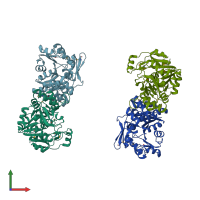 PDB entry 2hzb coloured by chain, front view.