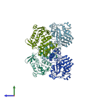 PDB entry 2hzb coloured by chain, side view.