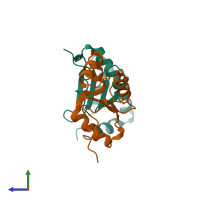 PDB entry 2hze coloured by chain, side view.