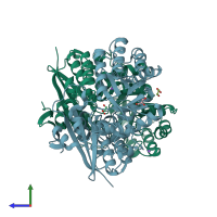 PDB entry 2hzg coloured by chain, side view.