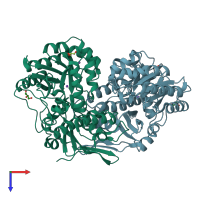 PDB entry 2hzg coloured by chain, top view.