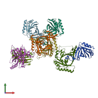 PDB entry 2hzm coloured by chain, front view.