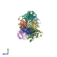 PDB entry 2hzm coloured by chain, side view.