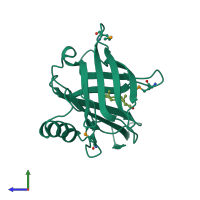 PDB entry 2hzq coloured by chain, side view.