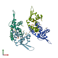 PDB entry 2hzt coloured by chain, front view.