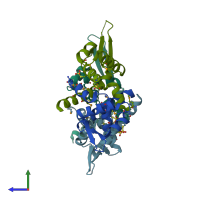 PDB entry 2hzt coloured by chain, side view.