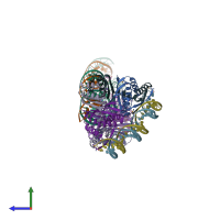 PDB entry 2hzv coloured by chain, side view.