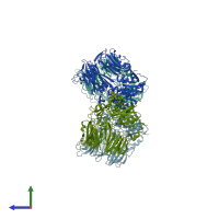 PDB entry 2i03 coloured by chain, side view.