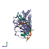 PDB entry 2i06 coloured by chain, side view.