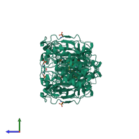 Homo dimeric assembly 3 of PDB entry 2i0e coloured by chemically distinct molecules, side view.