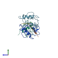 PDB entry 2i0i coloured by chain, side view.