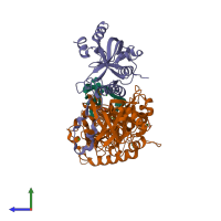 PDB entry 2i0q coloured by chain, side view.
