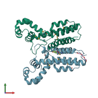 PDB entry 2i10 coloured by chain, front view.