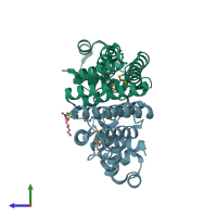 PDB entry 2i10 coloured by chain, side view.