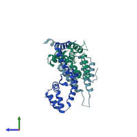 PDB entry 2i15 coloured by chain, side view.
