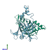 PDB entry 2i1s coloured by chain, side view.