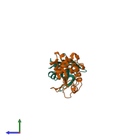 Hetero dimeric assembly 2 of PDB entry 2i25 coloured by chemically distinct molecules, side view.