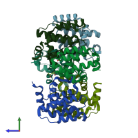 PDB entry 2i39 coloured by chain, side view.