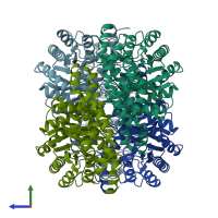 PDB entry 2i57 coloured by chain, side view.