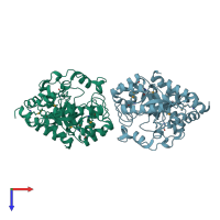 PDB entry 2i5g coloured by chain, top view.
