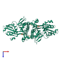Homo dimeric assembly 1 of PDB entry 2i7n coloured by chemically distinct molecules, top view.