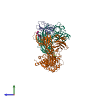 Hetero trimeric assembly 1 of PDB entry 2icf coloured by chemically distinct molecules, side view.