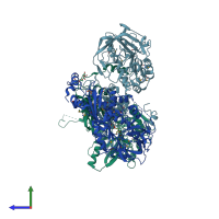 PDB entry 2idb coloured by chain, side view.