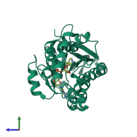 PDB entry 2ie0 coloured by chain, side view.