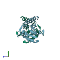 PDB entry 2iel coloured by chain, side view.