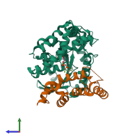 PDB entry 2ihb coloured by chain, side view.