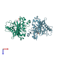 PDB entry 2ihp coloured by chain, top view.