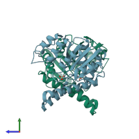 PDB entry 2ij9 coloured by chain, side view.