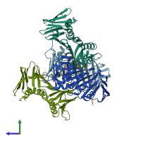 PDB entry 2ijx coloured by chain, side view.