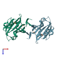PDB entry 2ikk coloured by chain, top view.