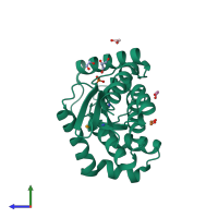 PDB entry 2in3 coloured by chain, side view.